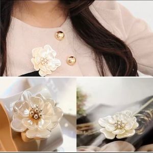 Elegant Pearlescent Flower and Rhinestone Brooch